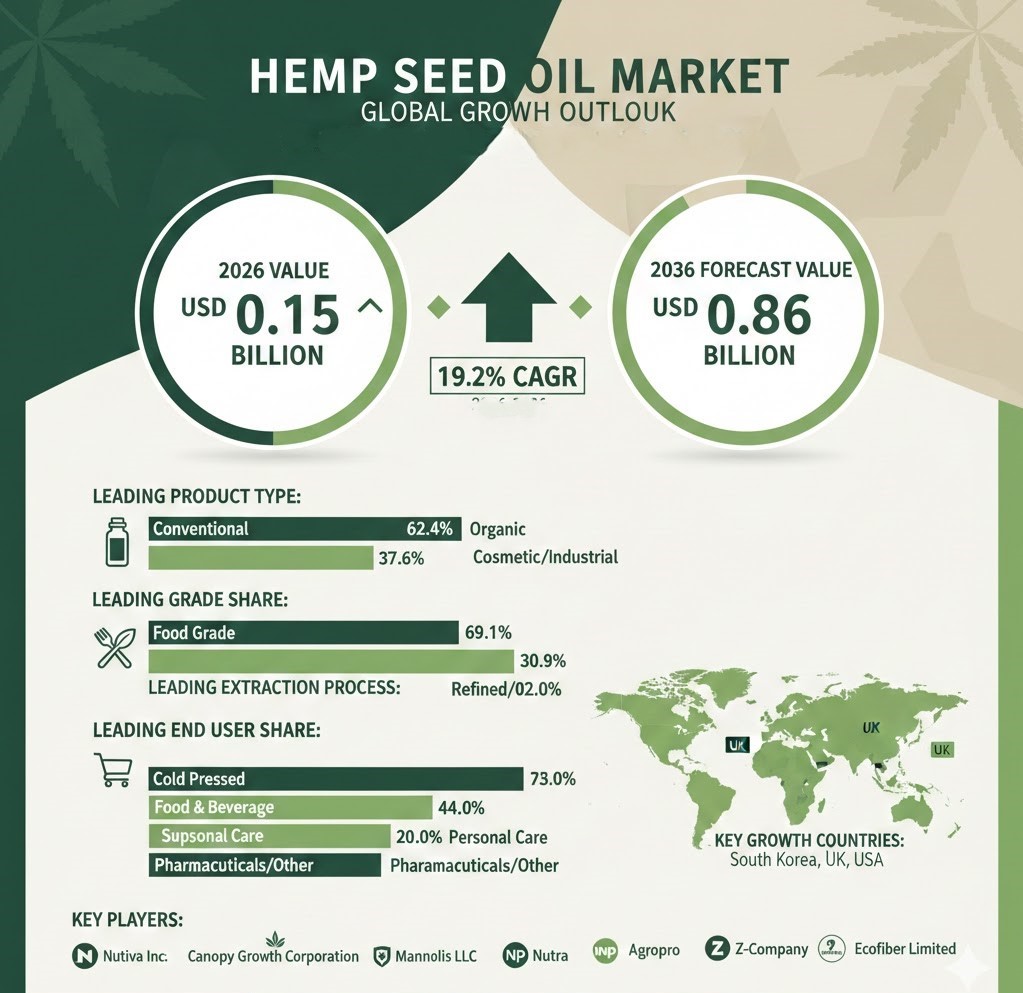 Hemp Seed Oil Market to Reach USD 0.86 billion by 2036, Driven by Quality Sourcing, and Food-Grade Cold-Pressed Demand