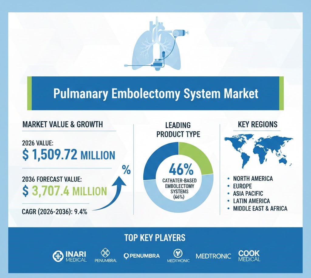 Pulmonary Embolectomy System Market to Reach USD 3,707.4M by 2036 with 9.4% CAGR Driven by Catheter-Based Innovations